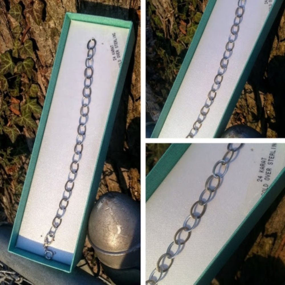 Sterling Silver Oval Open Link charm bracelet 24KT gold Vermeil Overlay 7.5" NIB